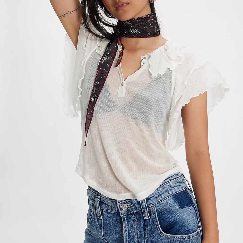 Free People Vivianne Knit Tee White Ruffled Blouse